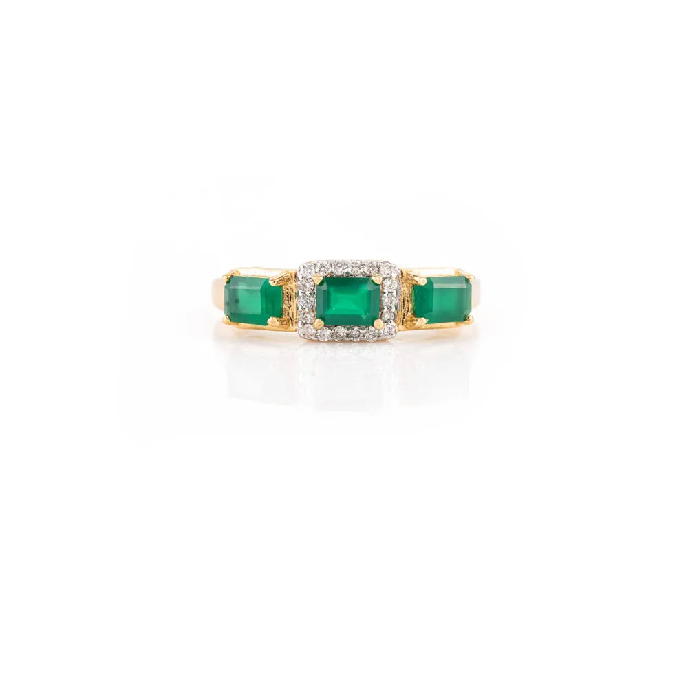 Fine Jewelry Emerald & Diamond 18K Yellow Gold Three Stone Ring