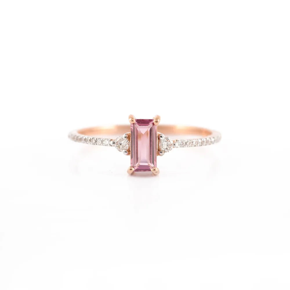 Minimal Jewelry Natural Tourmaline & Diamond 18K Solid Rose Gold Ring