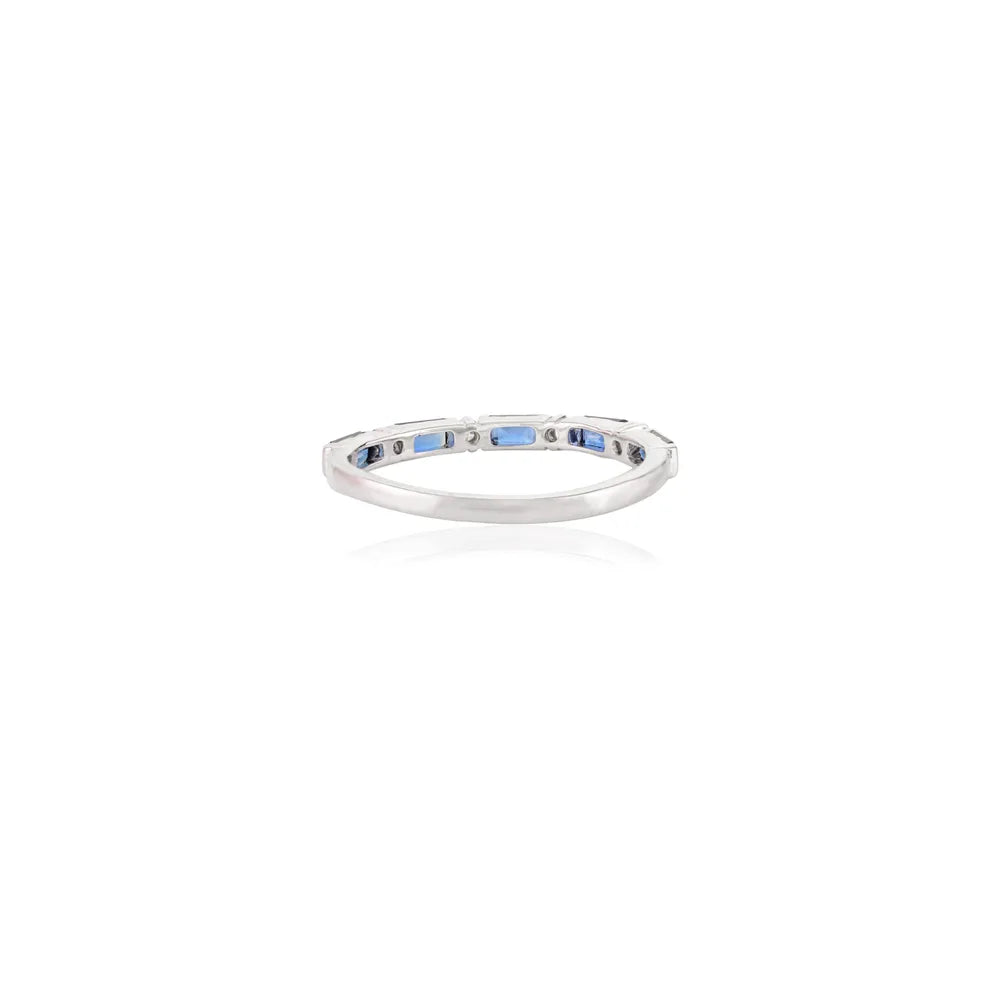 100% Natural Blue Sapphire & Diamond Solid White Gold Half Eternity Band Ring