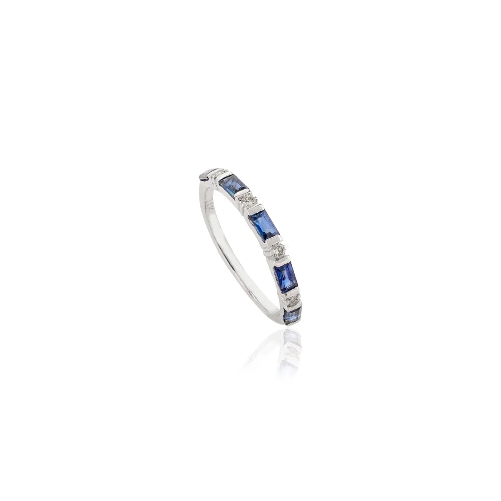 100% Natural Blue Sapphire & Diamond Solid White Gold Half Eternity Band Ring