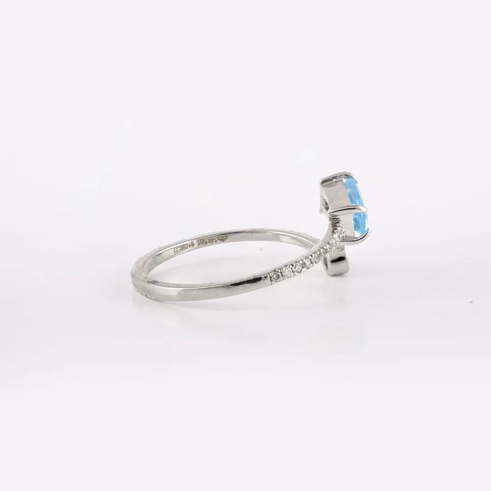 Handmade Designer Natural Blue Topaz & Diamond 14K Solid White Gold Open Band Ring