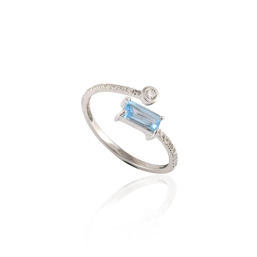 Handmade Designer Natural Blue Topaz & Diamond 14K Solid White Gold Open Band Ring