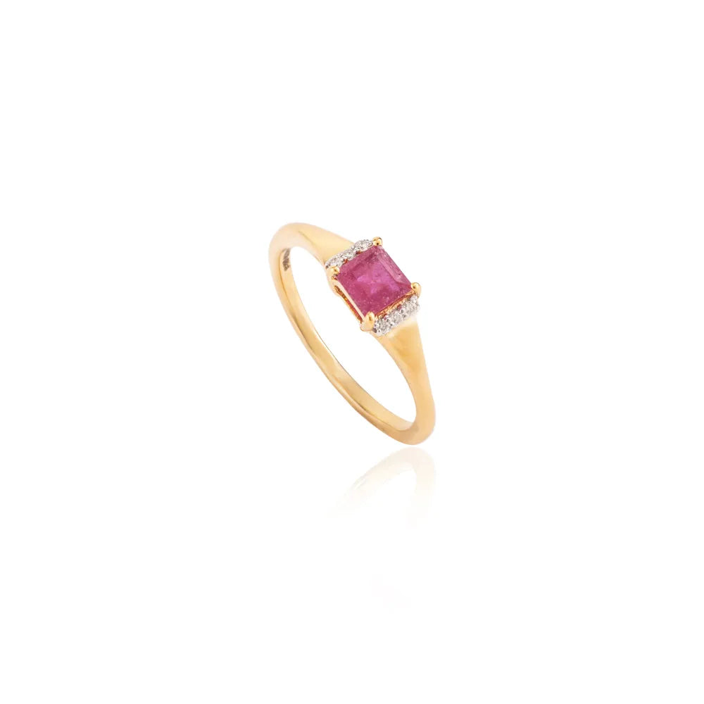 Exquisite Jewelry Solid 18K Yellow Gold Ruby & Diamond Handmade Ring