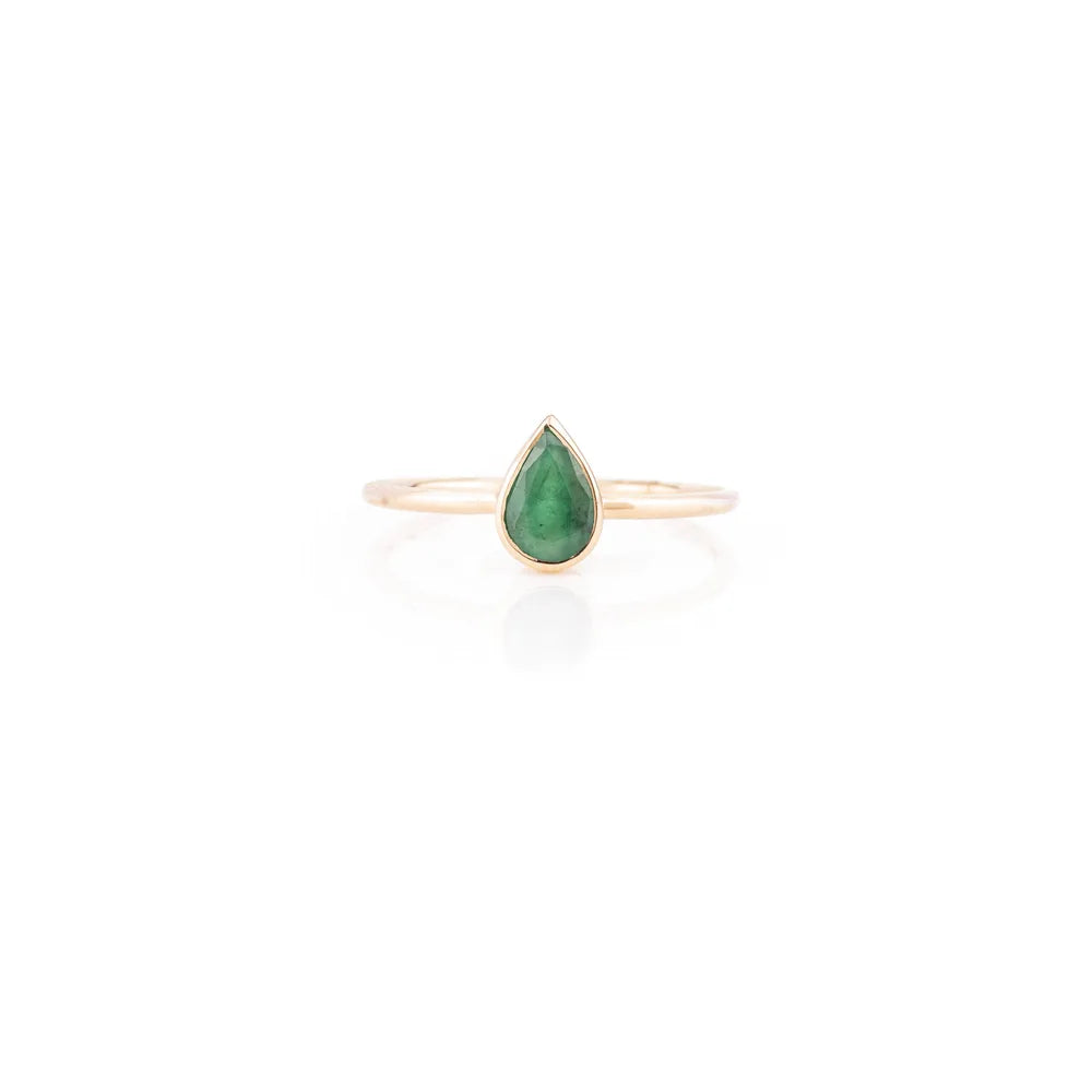 Pear Shape Stone Natural Emerald 18K Solid Yellow Gold Handmade Ring