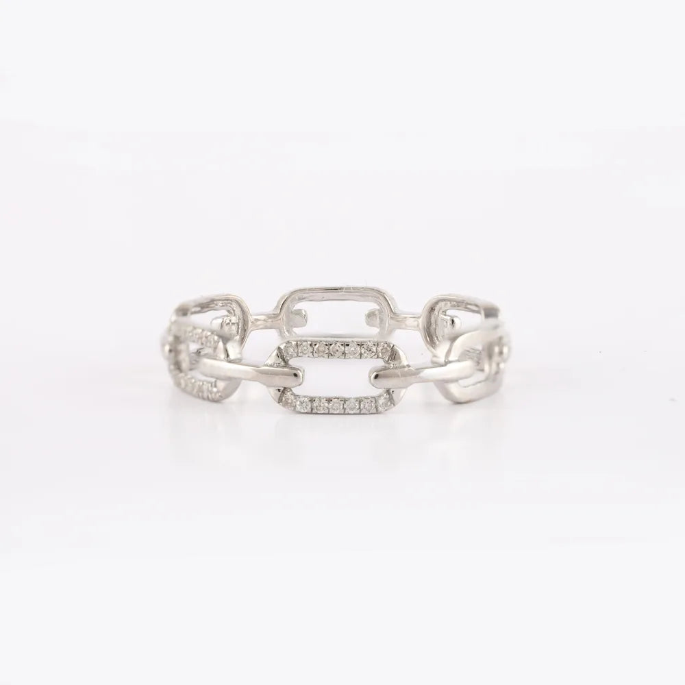 Minimal Natural Diamond 18K Solid White Gold Chain Style Stackable Band Ring