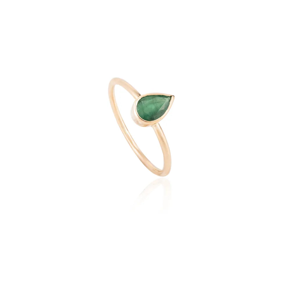 Pear Shape Stone Natural Emerald 18K Solid Yellow Gold Handmade Ring