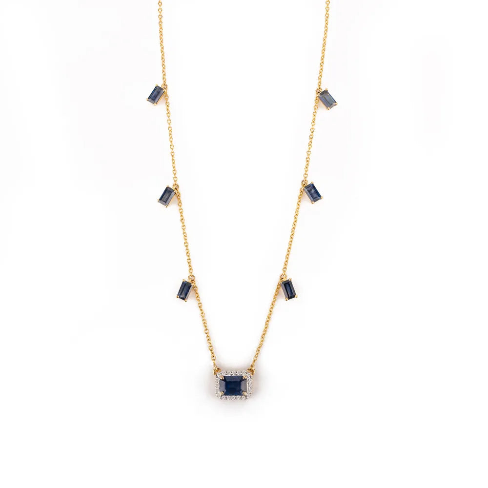 100% Natural Blue Sapphire & Diamond 14K Yellow Gold Necklace