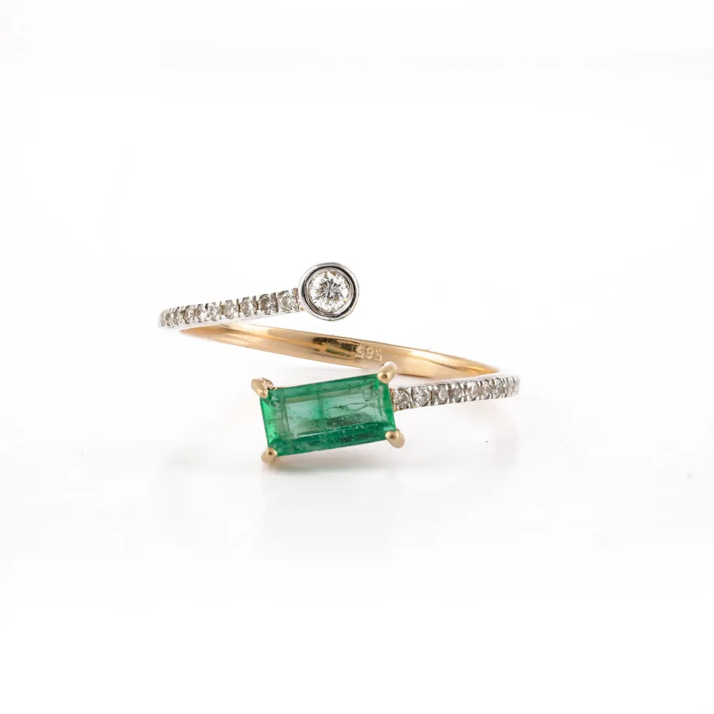 Custom Jewelry 14K Solid Yellow Gold Natural Emerald & Diamond Adjustable Ring