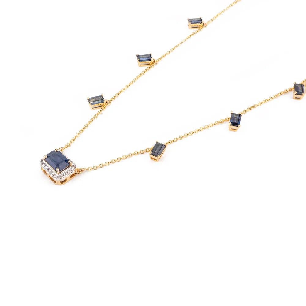 100% Natural Blue Sapphire & Diamond 14K Yellow Gold Necklace