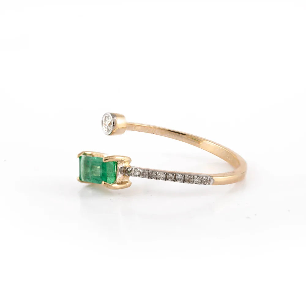 Custom Jewelry 14K Solid Yellow Gold Natural Emerald & Diamond Adjustable Ring