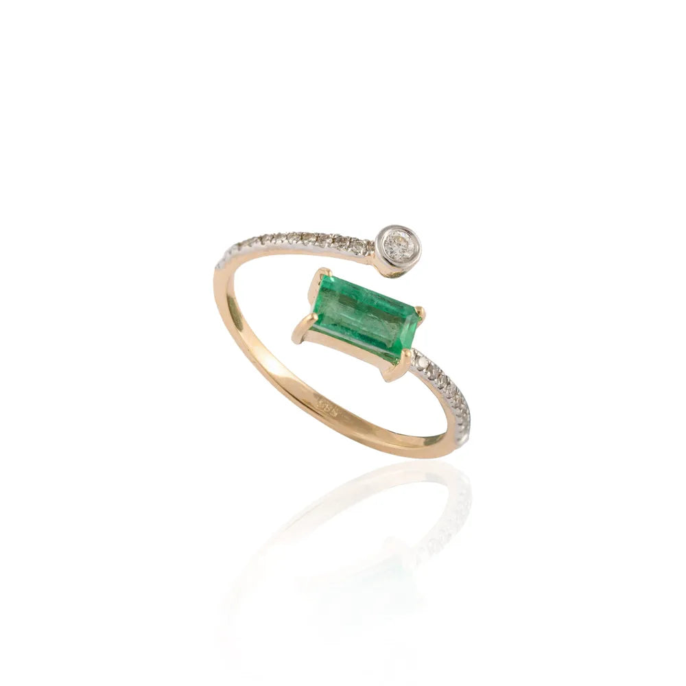 Custom Jewelry 14K Solid Yellow Gold Natural Emerald & Diamond Adjustable Ring