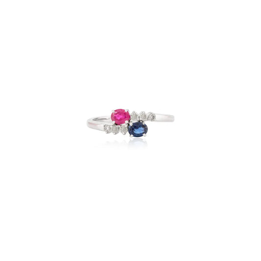 Birthstone Jewelry Natural Ruby, Sapphire & Diamond Solid White Gold Bypass Ring