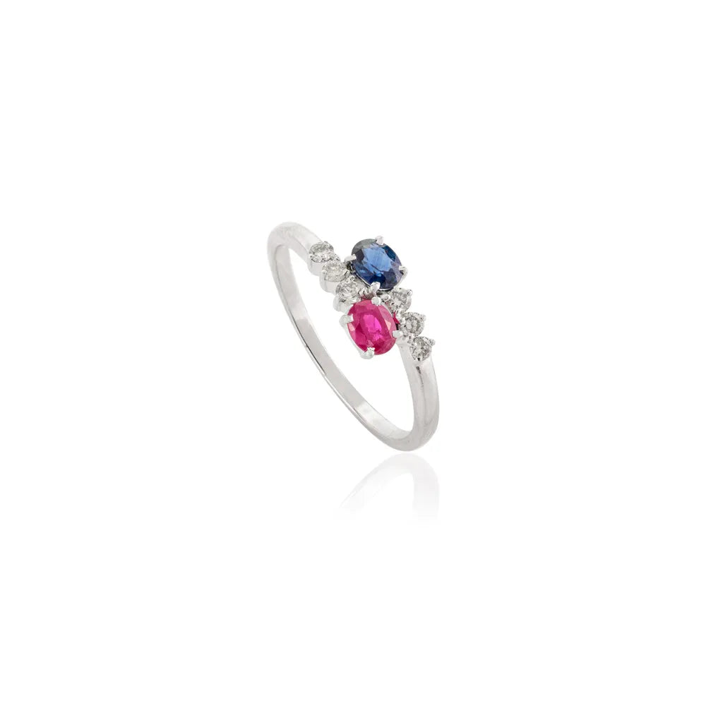 Birthstone Jewelry Natural Ruby, Sapphire & Diamond Solid White Gold Bypass Ring