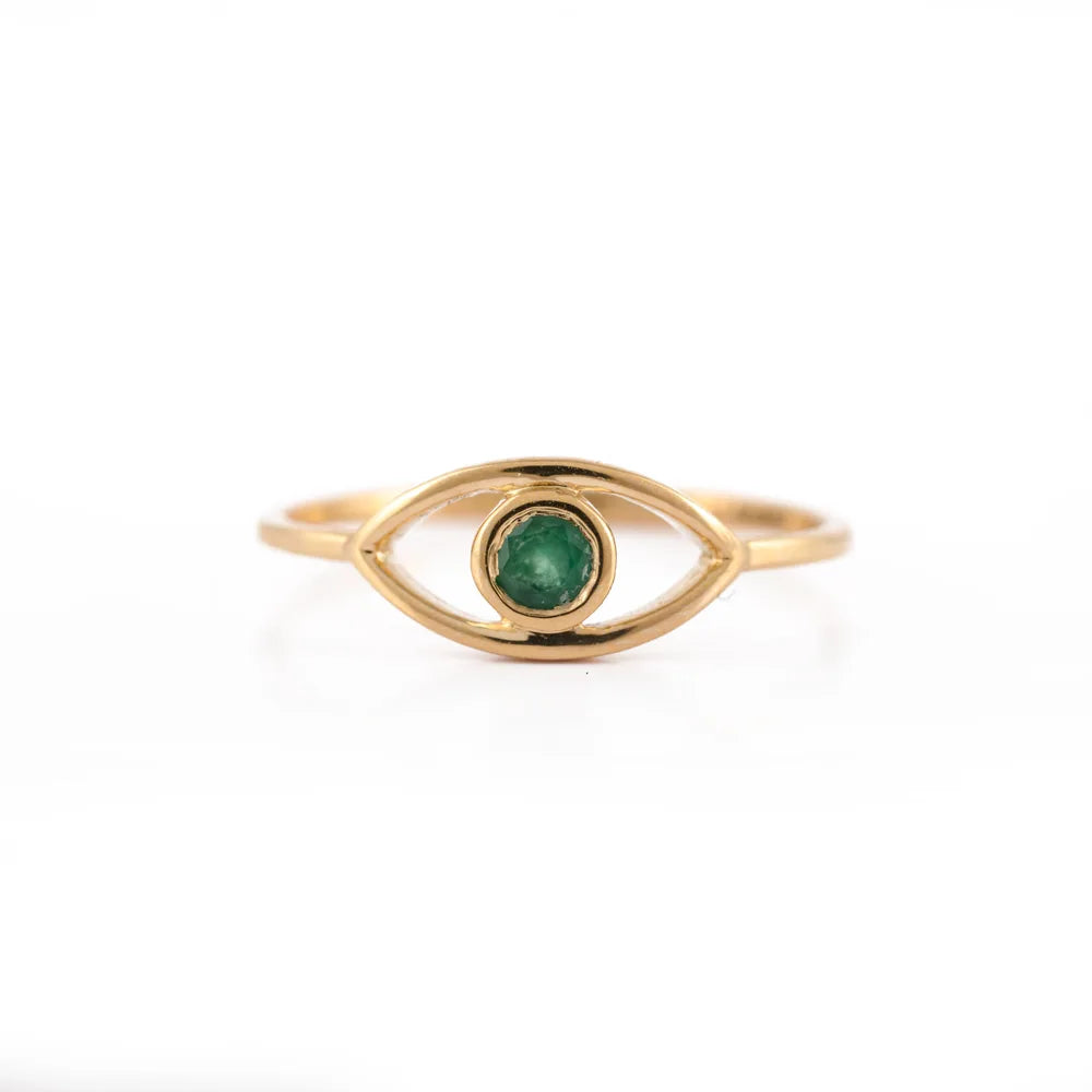 Minimalist Natural Precious Gemstone Emerald 18K Fine Yellow Gold Evil Eye Ring