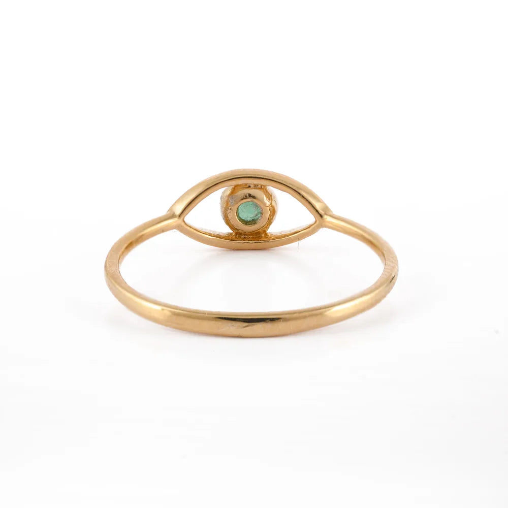 Minimalist Natural Precious Gemstone Emerald 18K Fine Yellow Gold Evil Eye Ring