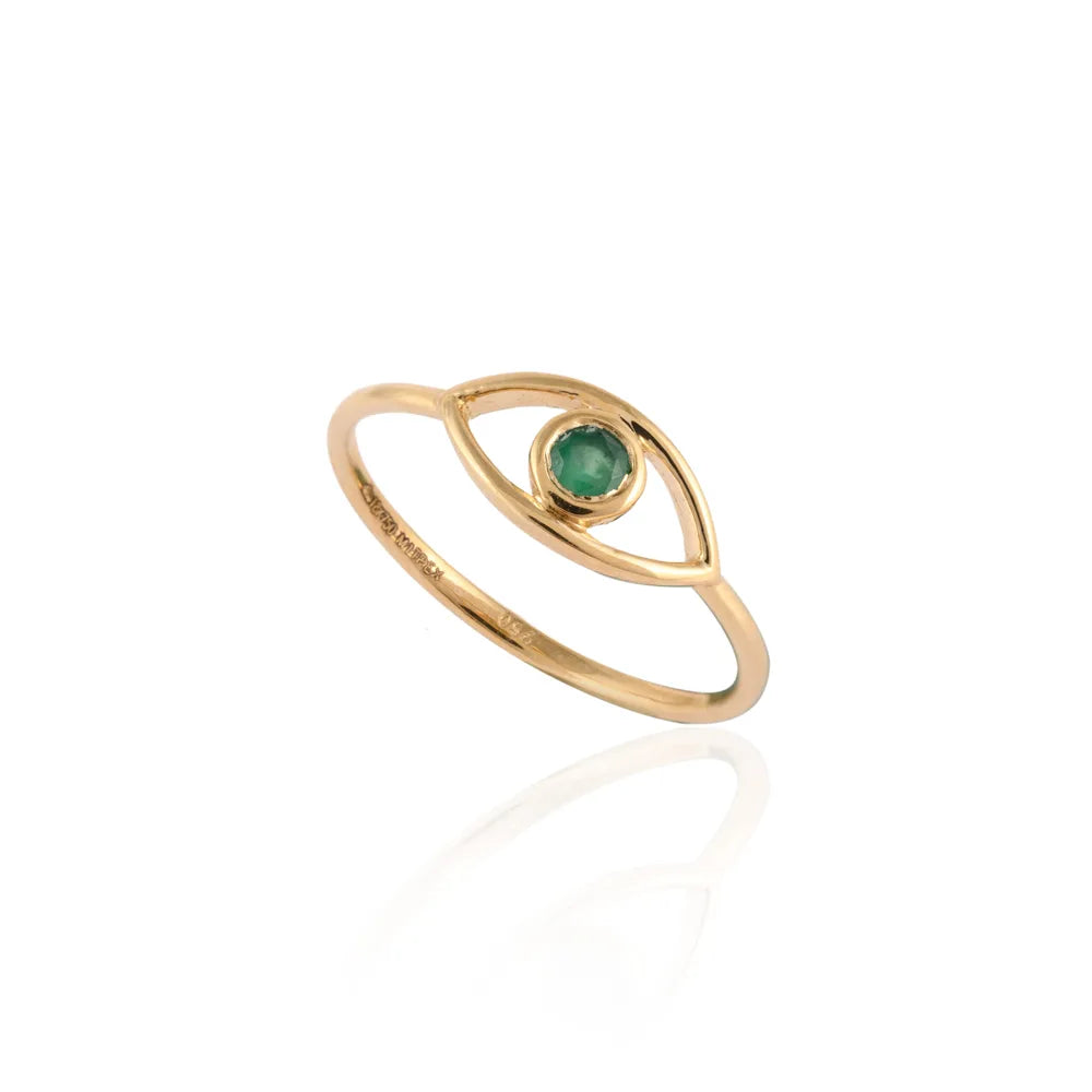 Minimalist Natural Precious Gemstone Emerald 18K Fine Yellow Gold Evil Eye Ring