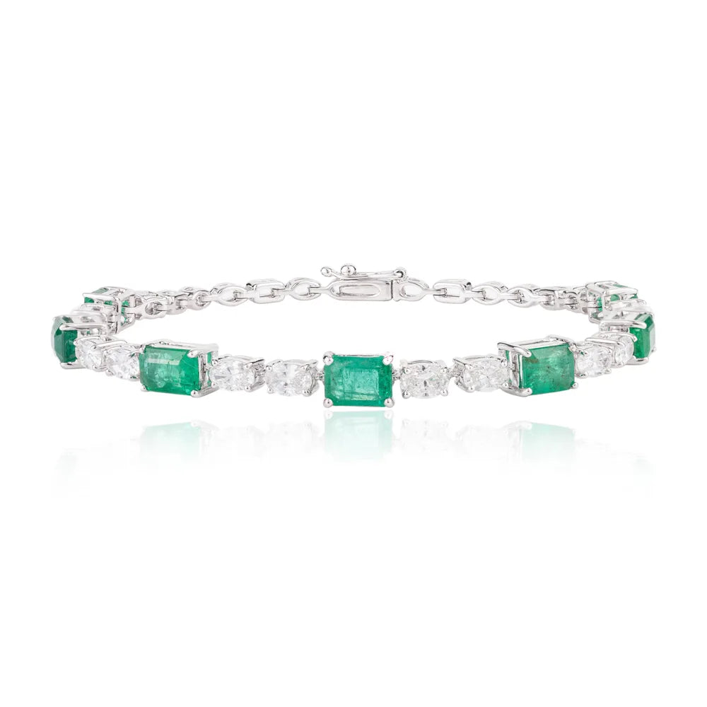 Precious Gemstone Jewelry 18K White Gold Emerald & Diamond Bracelet