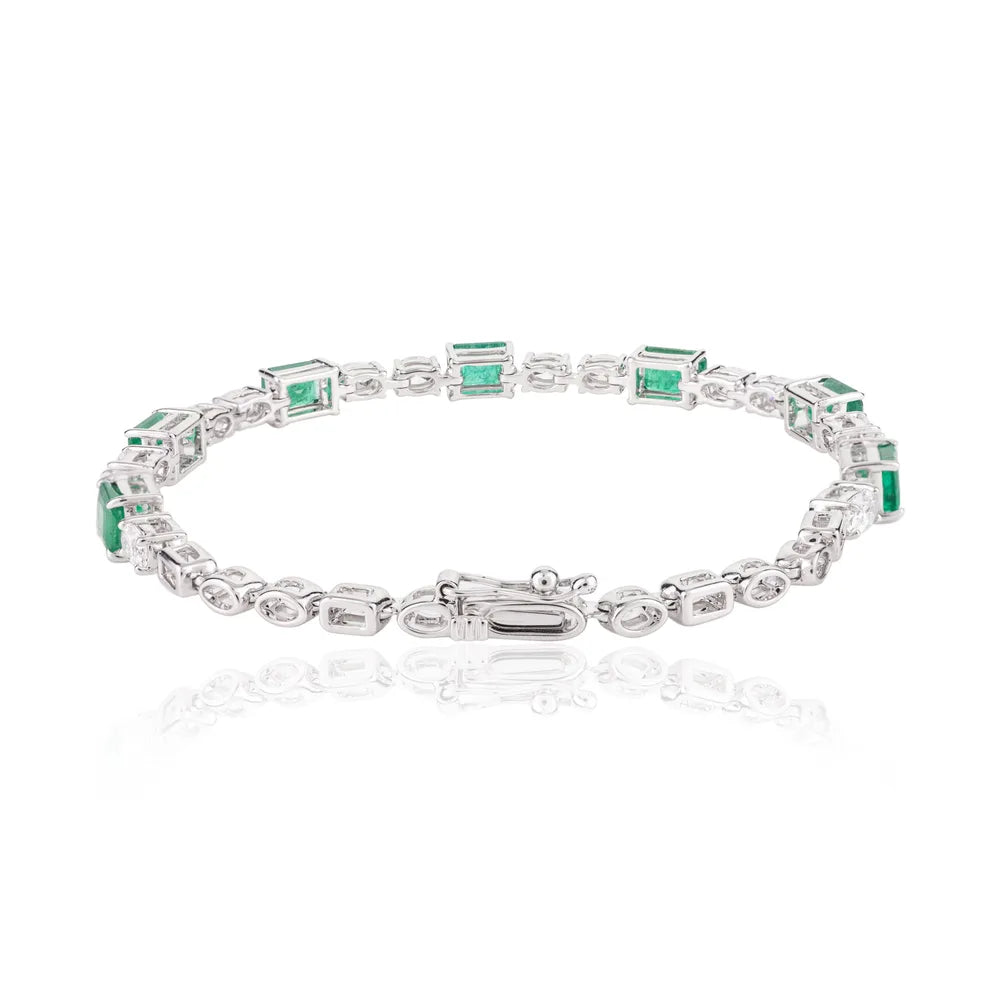 Precious Gemstone Jewelry 18K White Gold Emerald & Diamond Bracelet