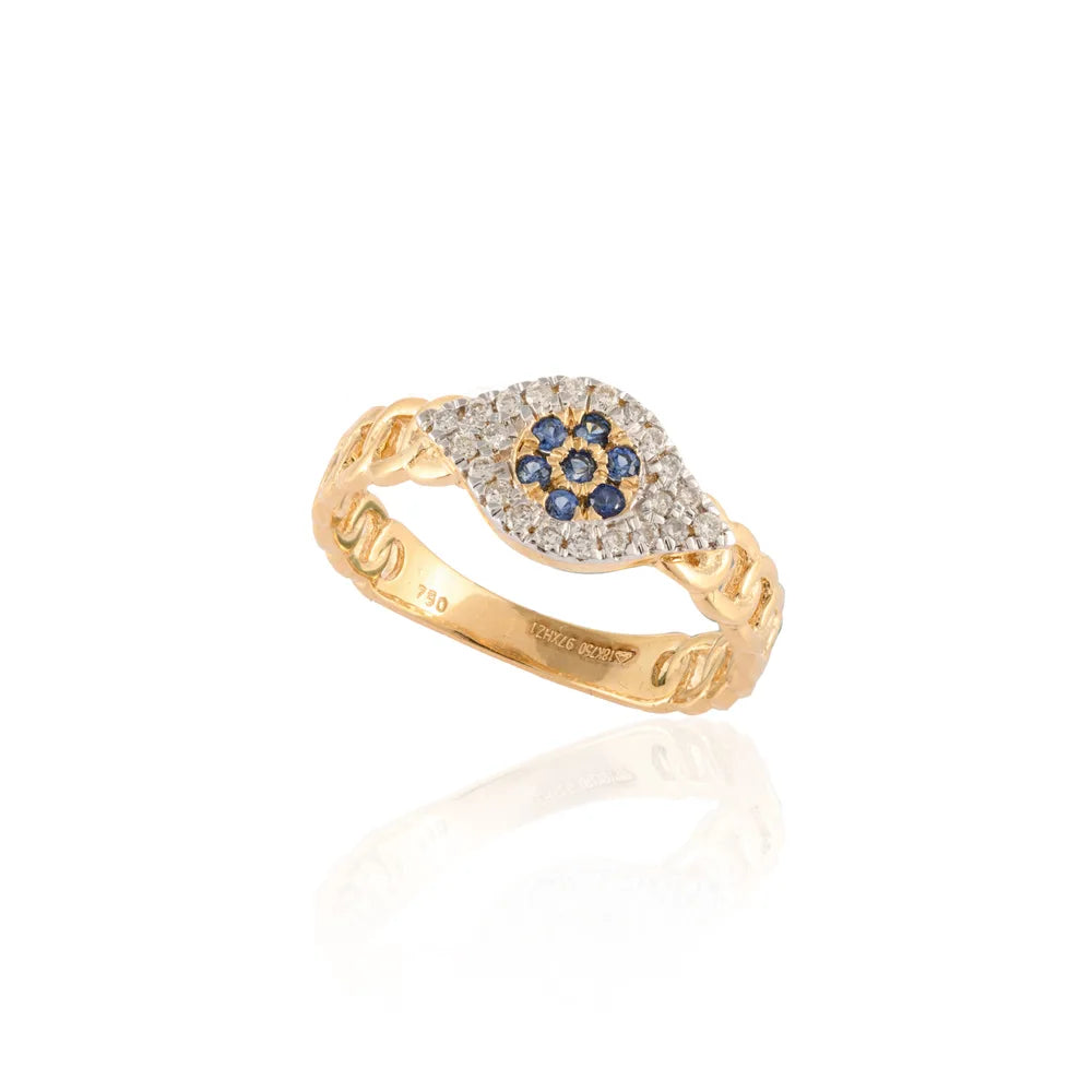 Handcrafted 18K Solid Yellow Gold Natural Blue Sapphire & Diamond Evil Eye Ring