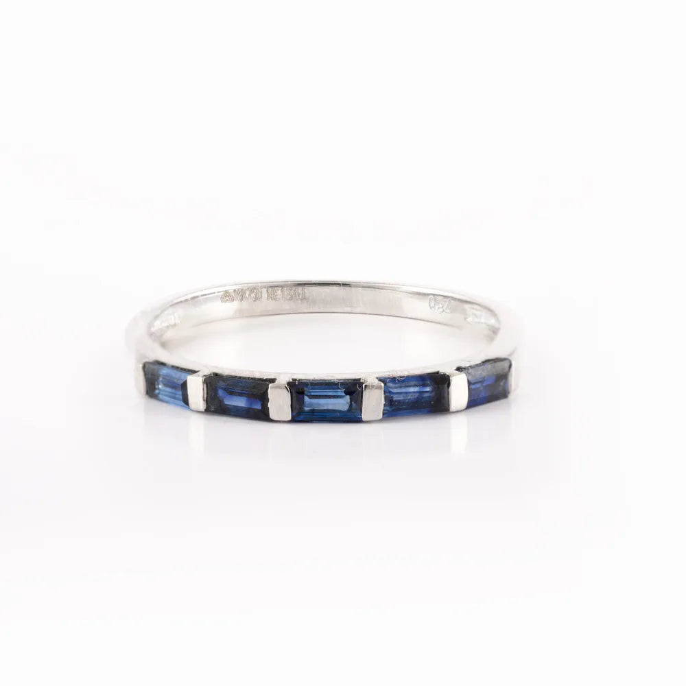 Handmade Natural Blue Sapphire 18K Solid White Gold Half Eternity Band Ring