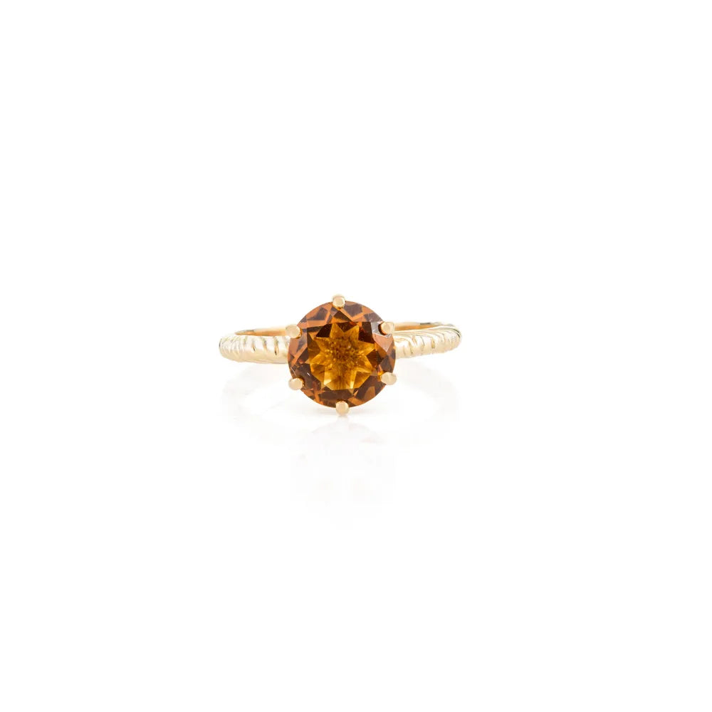 Citrine Round Cut Gemstone Ring November Birthstone 14K Yellow Solid Gold