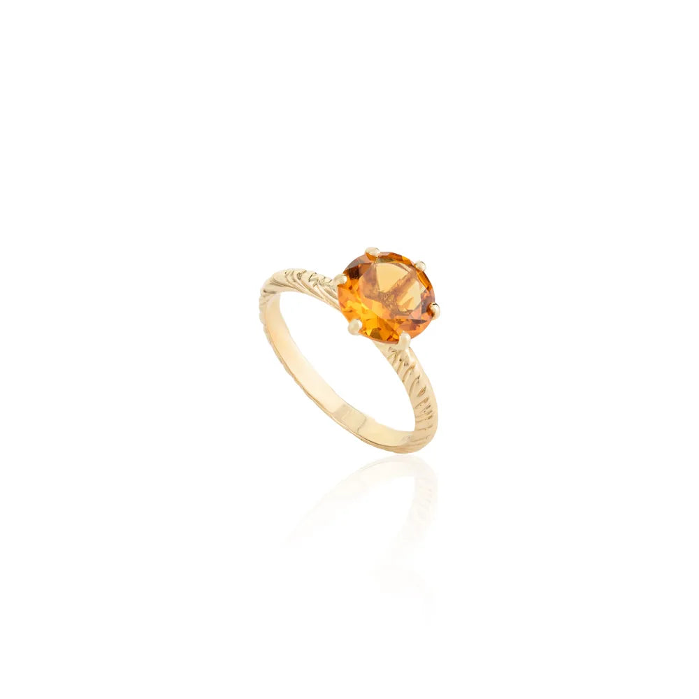 Citrine Round Cut Gemstone Ring November Birthstone 14K Yellow Solid Gold