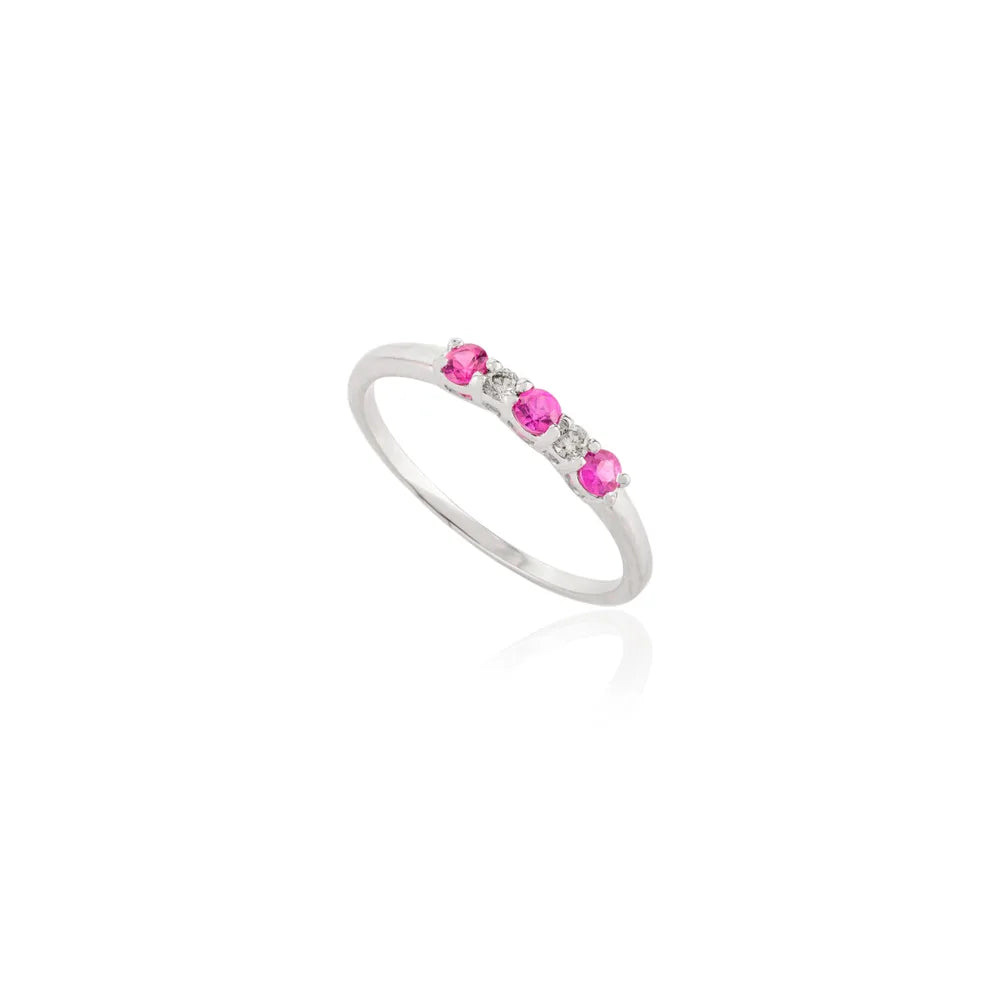 Minimal Jewelry Natural Round Ruby & Diamond 14K Solid White Gold Dainty Ring