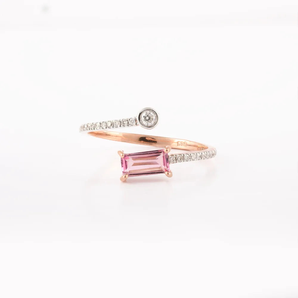 Minimalist Natural Tourmaline & Diamond 14K Solid Rose Open Band Ring