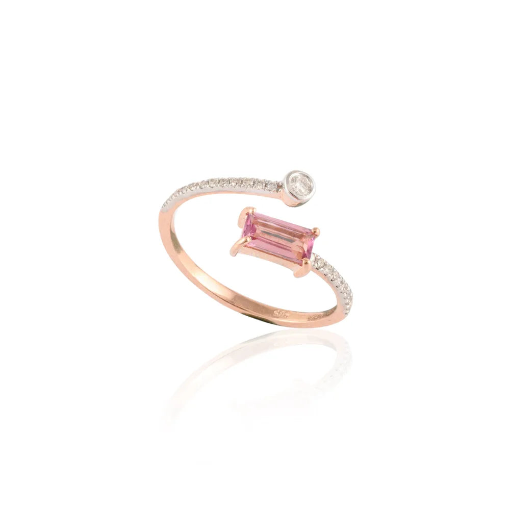 Minimalist Natural Tourmaline & Diamond 14K Solid Rose Open Band Ring