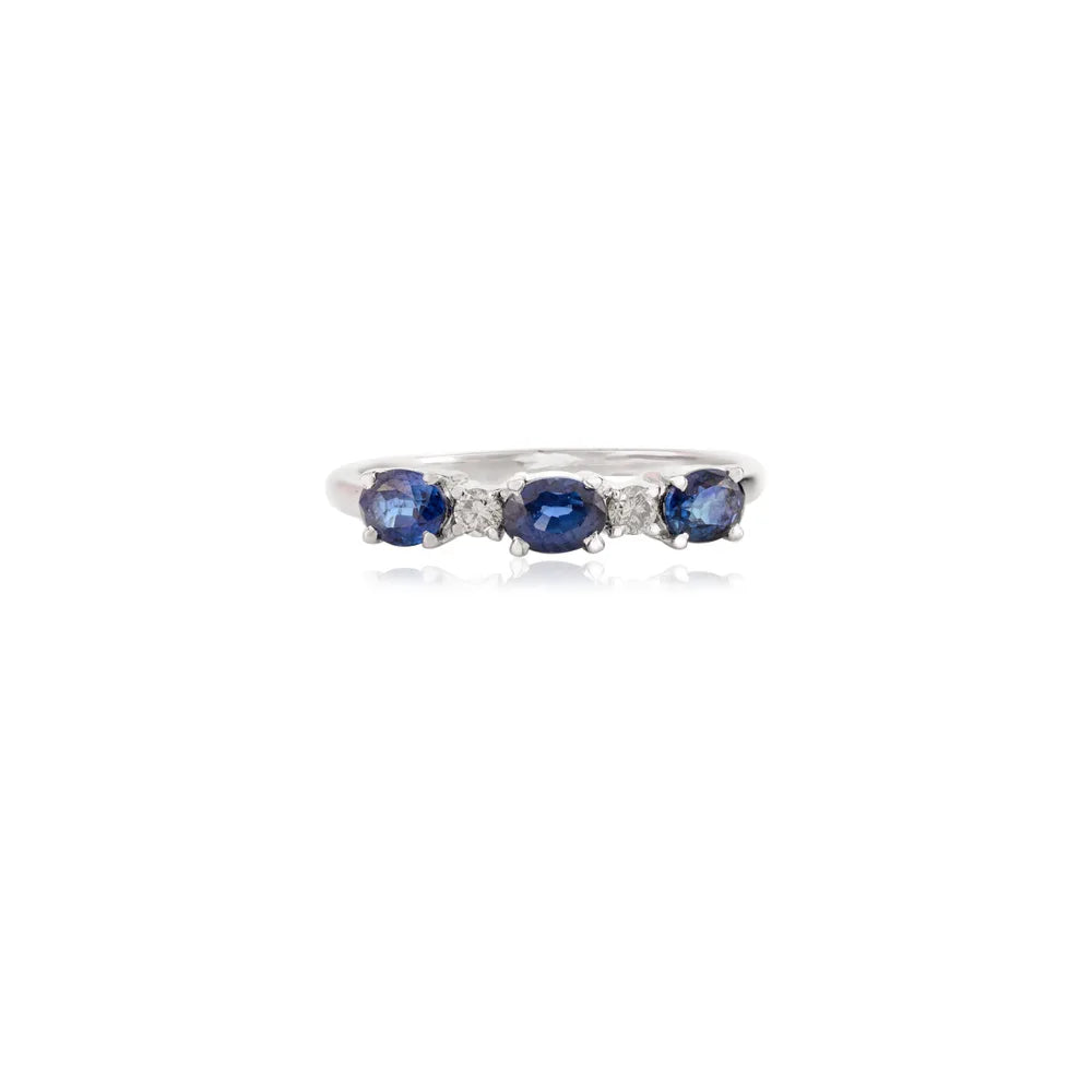 September Birthstone Natural Blue Sapphire & Diamond Three Stone Gold Ring