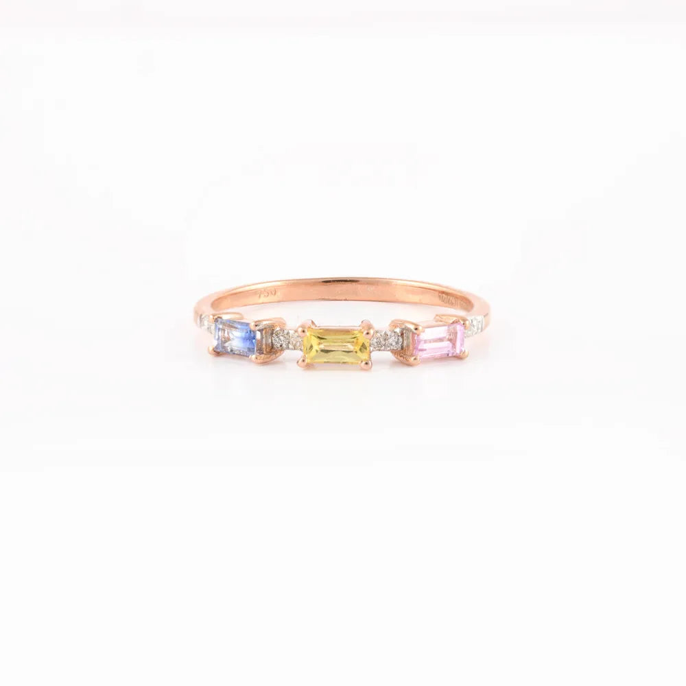 Natural Three Multi Sapphire & Diamond 18K Rose Gold Stackable Band Ring