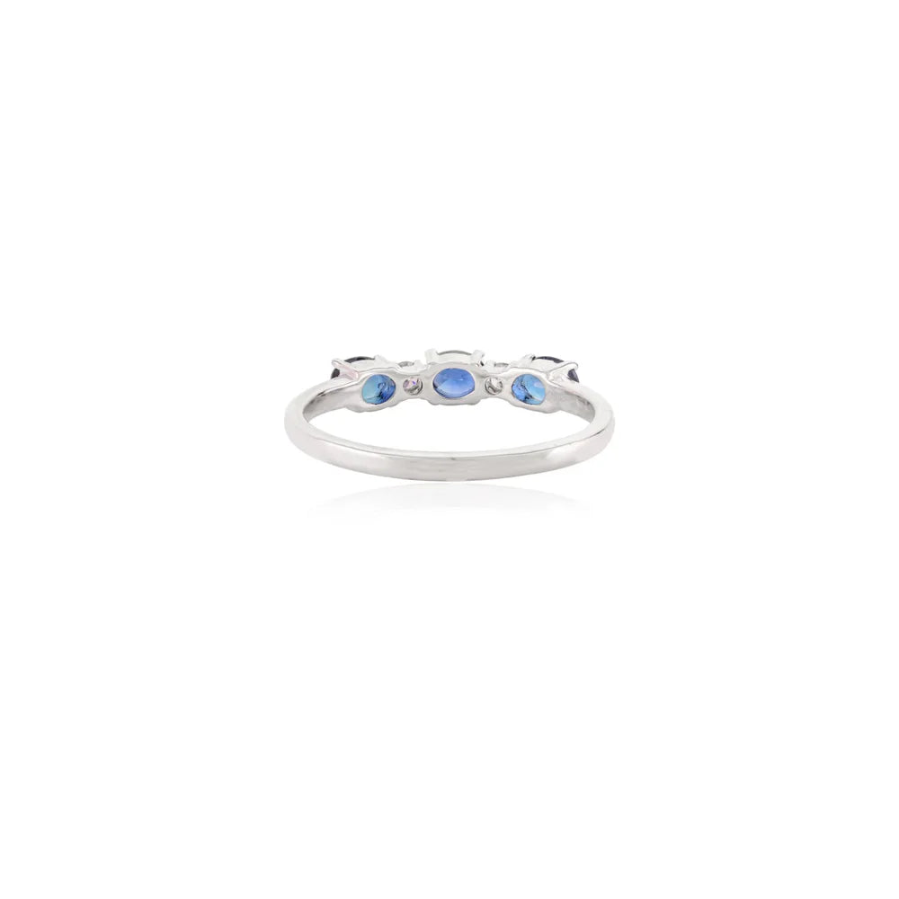 September Birthstone Natural Blue Sapphire & Diamond Three Stone Gold Ring