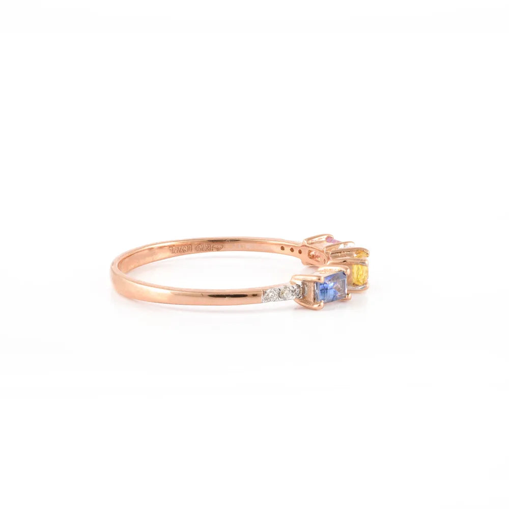 Natural Three Multi Sapphire & Diamond 18K Rose Gold Stackable Band Ring