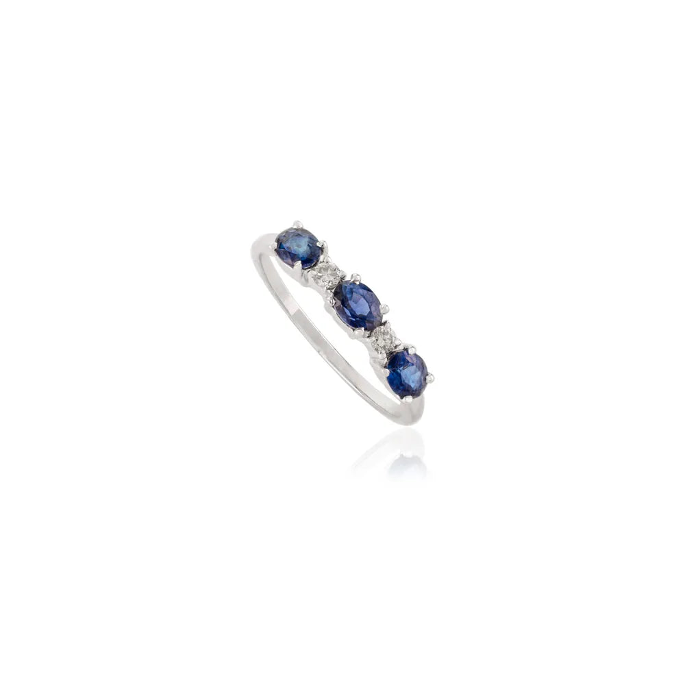 September Birthstone Natural Blue Sapphire & Diamond Three Stone Gold Ring