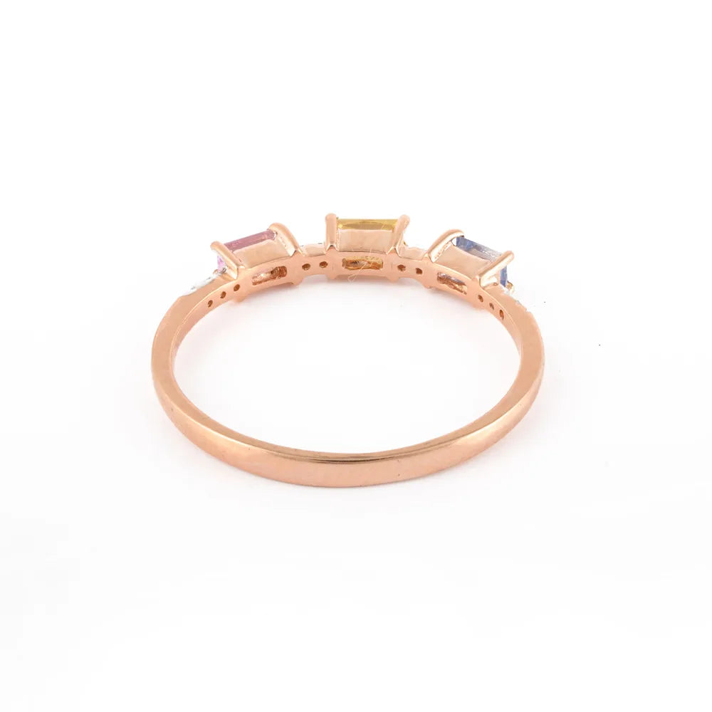 Natural Three Multi Sapphire & Diamond 18K Rose Gold Stackable Band Ring