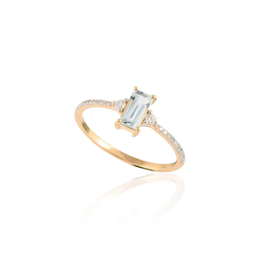 Natural Baguette Aquamarine & Diamond 18K Solid Yellow Gold Minimal Ring