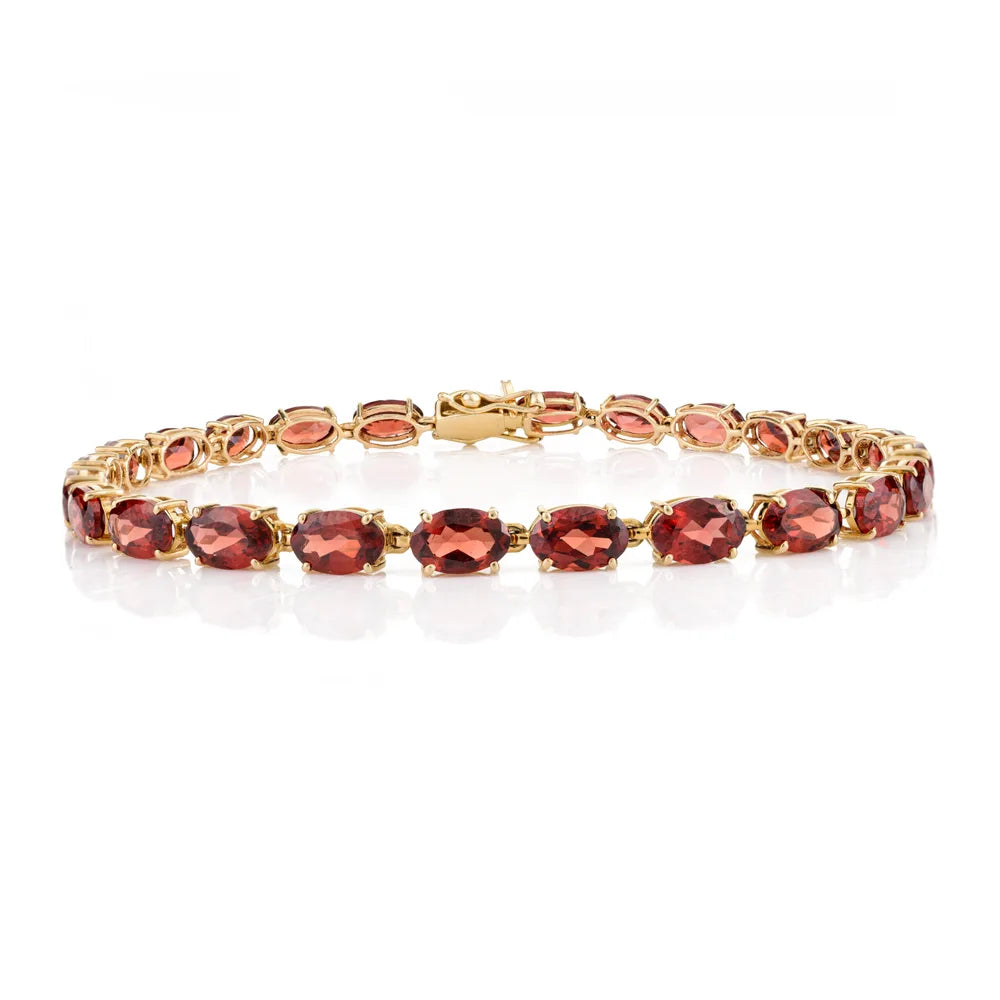 Natural Garnet Oval Cut Gemstone 14K Yellow Gold Bracelet