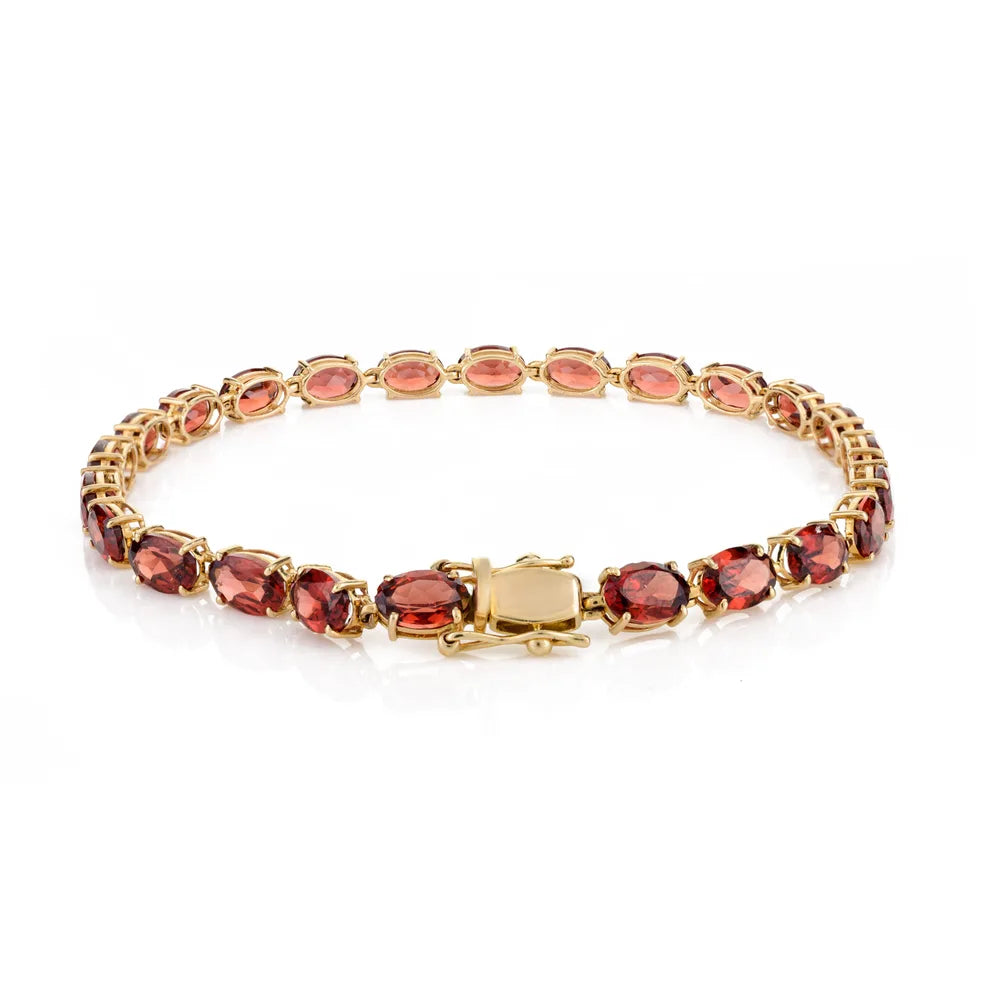 Natural Garnet Oval Cut Gemstone 14K Yellow Gold Bracelet