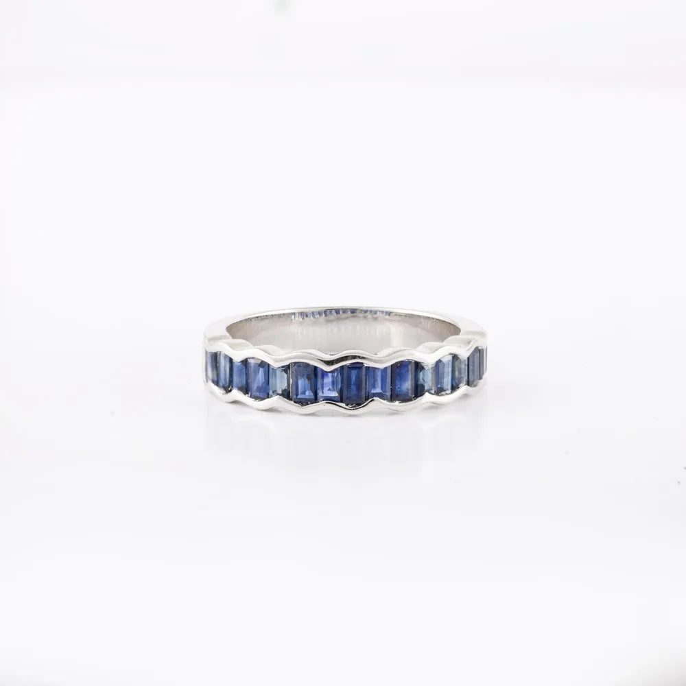 Handmade Jewelry Natural Blue Sapphire 18K Solid White Gold Half Eternity Band Ring