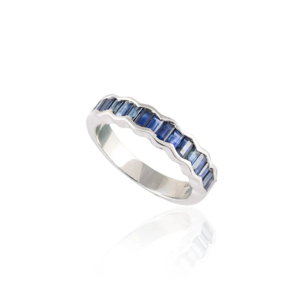 Handmade Jewelry Natural Blue Sapphire 18K Solid White Gold Half Eternity Band Ring