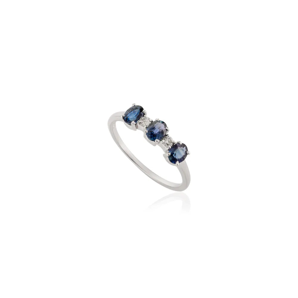 Oval Cut Blue Sapphire & Diamond Solid 14K White Gold Three Stone Ring