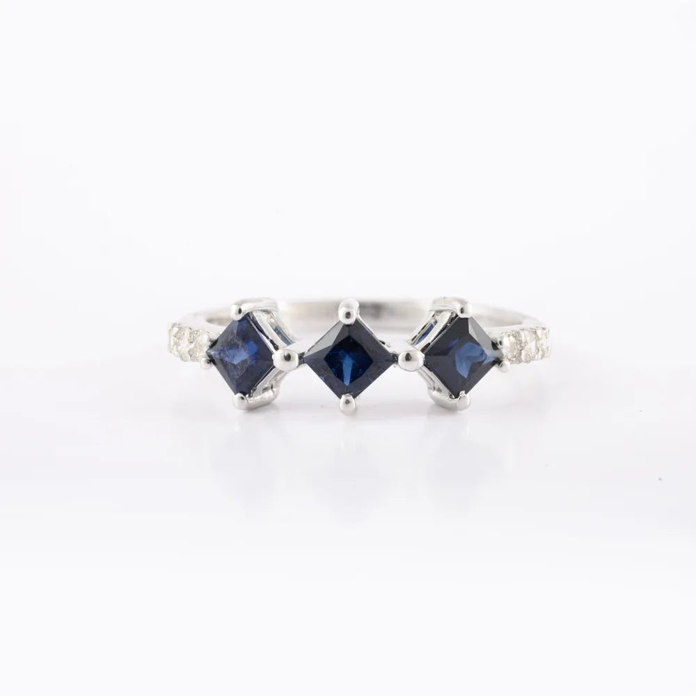 14K White Gold Natural Three Blue Sapphire & Diamond Stackable Band Ring