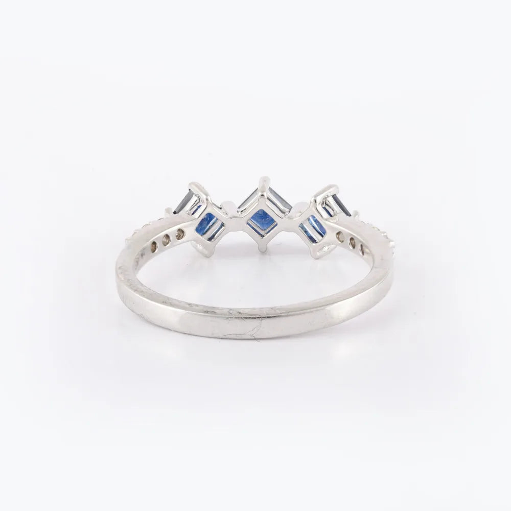 14K White Gold Natural Three Blue Sapphire & Diamond Stackable Band Ring