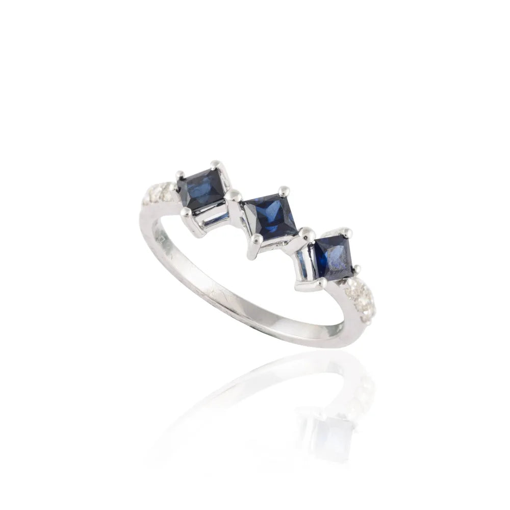 14K White Gold Natural Three Blue Sapphire & Diamond Stackable Band Ring