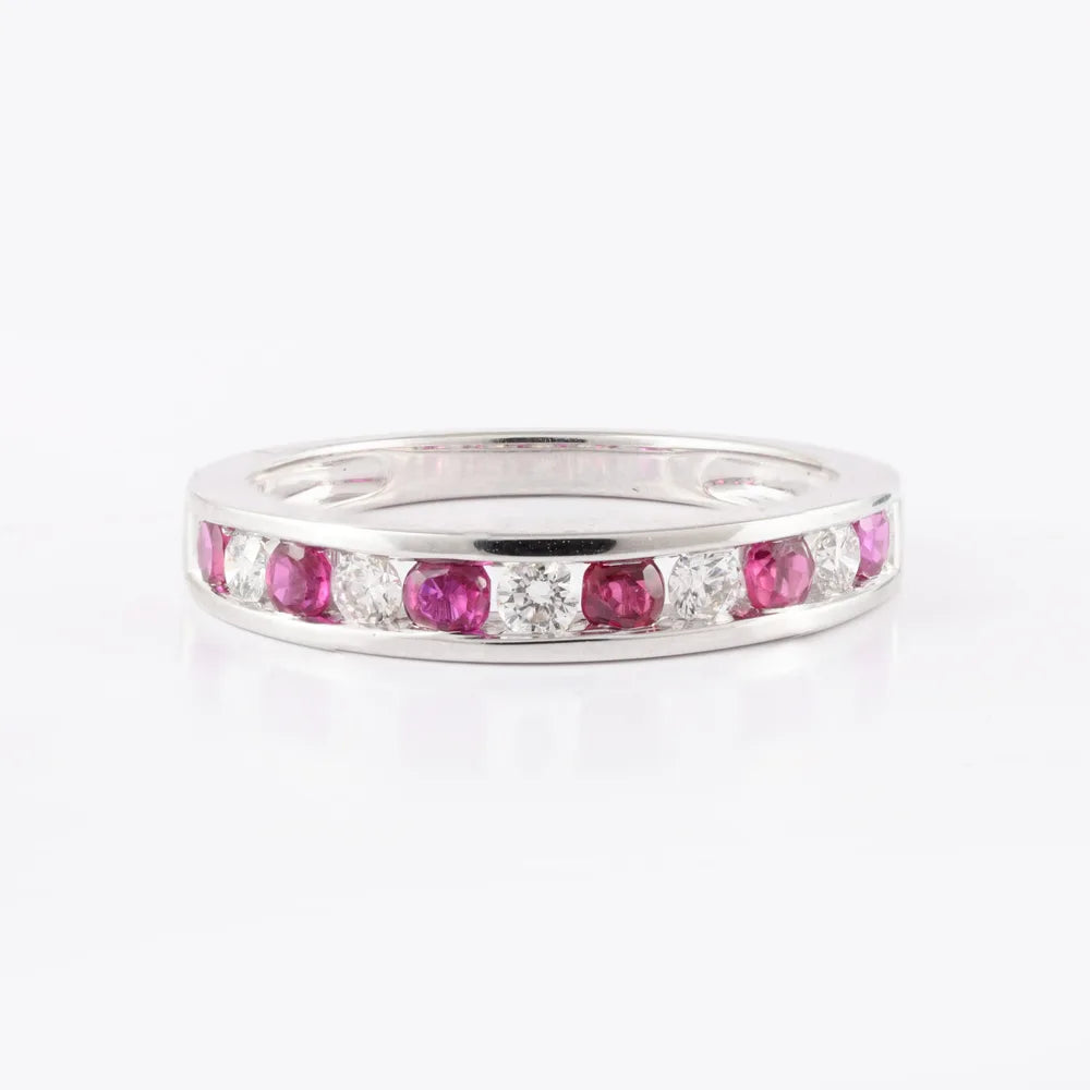 Handmade Natural Ruby & Diamond 18K Solid White Gold Stackable Band Ring