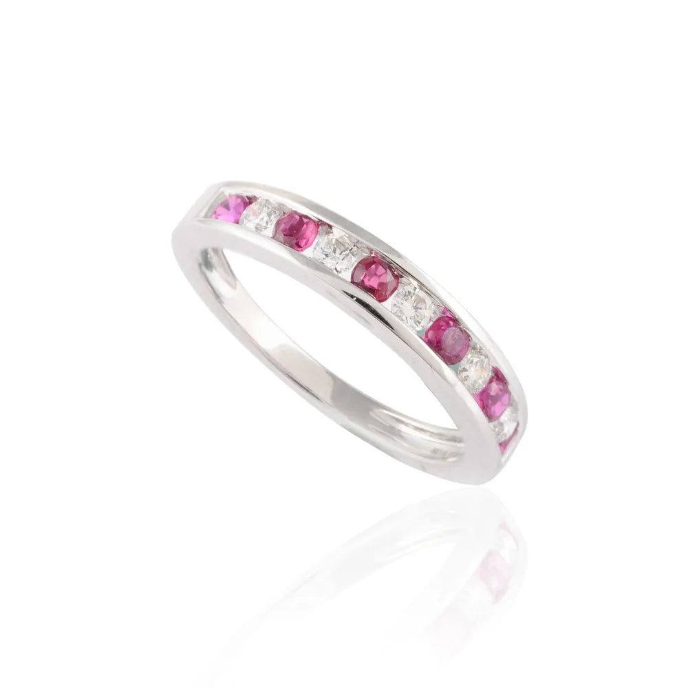 Handmade Natural Ruby & Diamond 18K Solid White Gold Stackable Band Ring