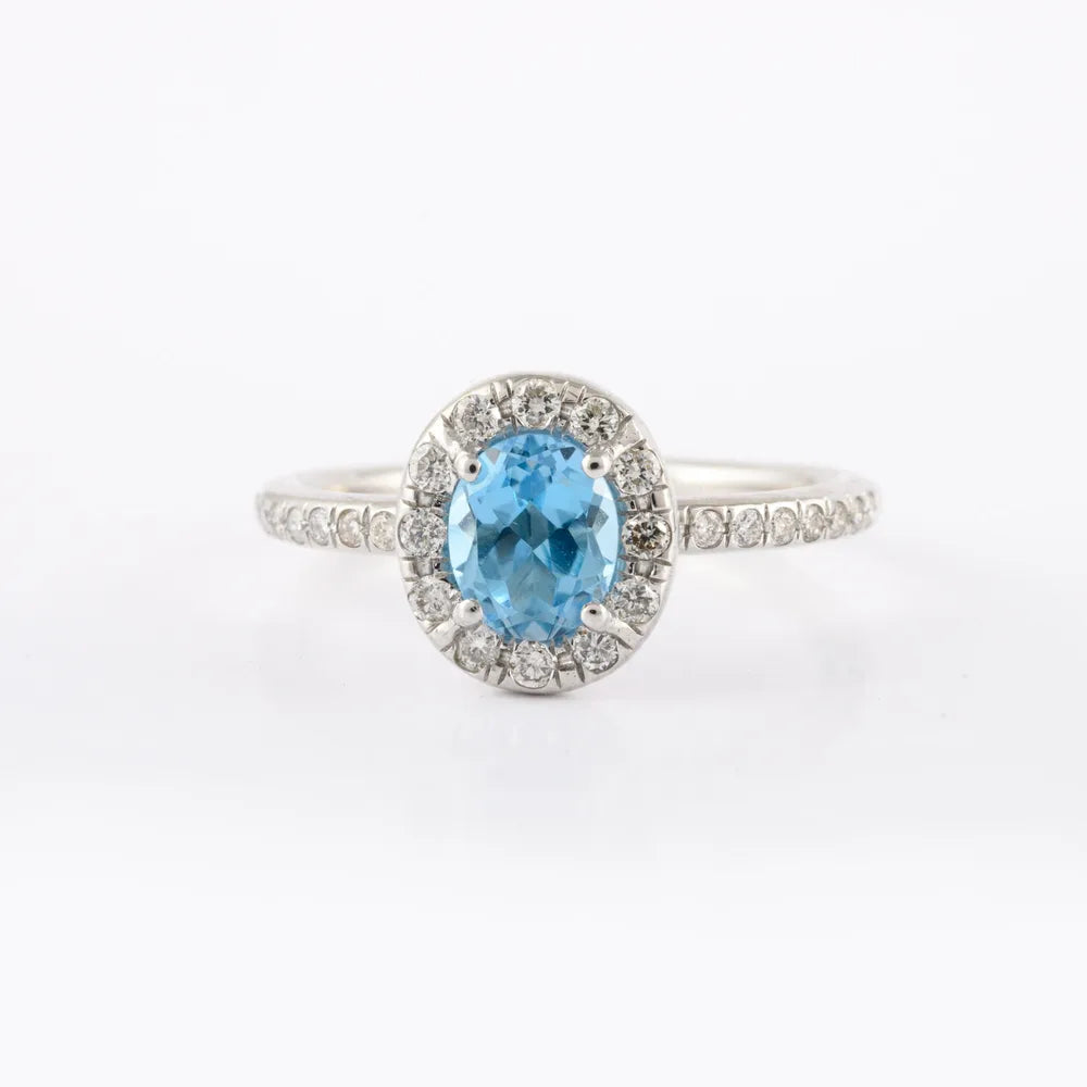 Handcrafted Natural Blue Topaz & Diamond 14K Solid White Gold Statement Ring