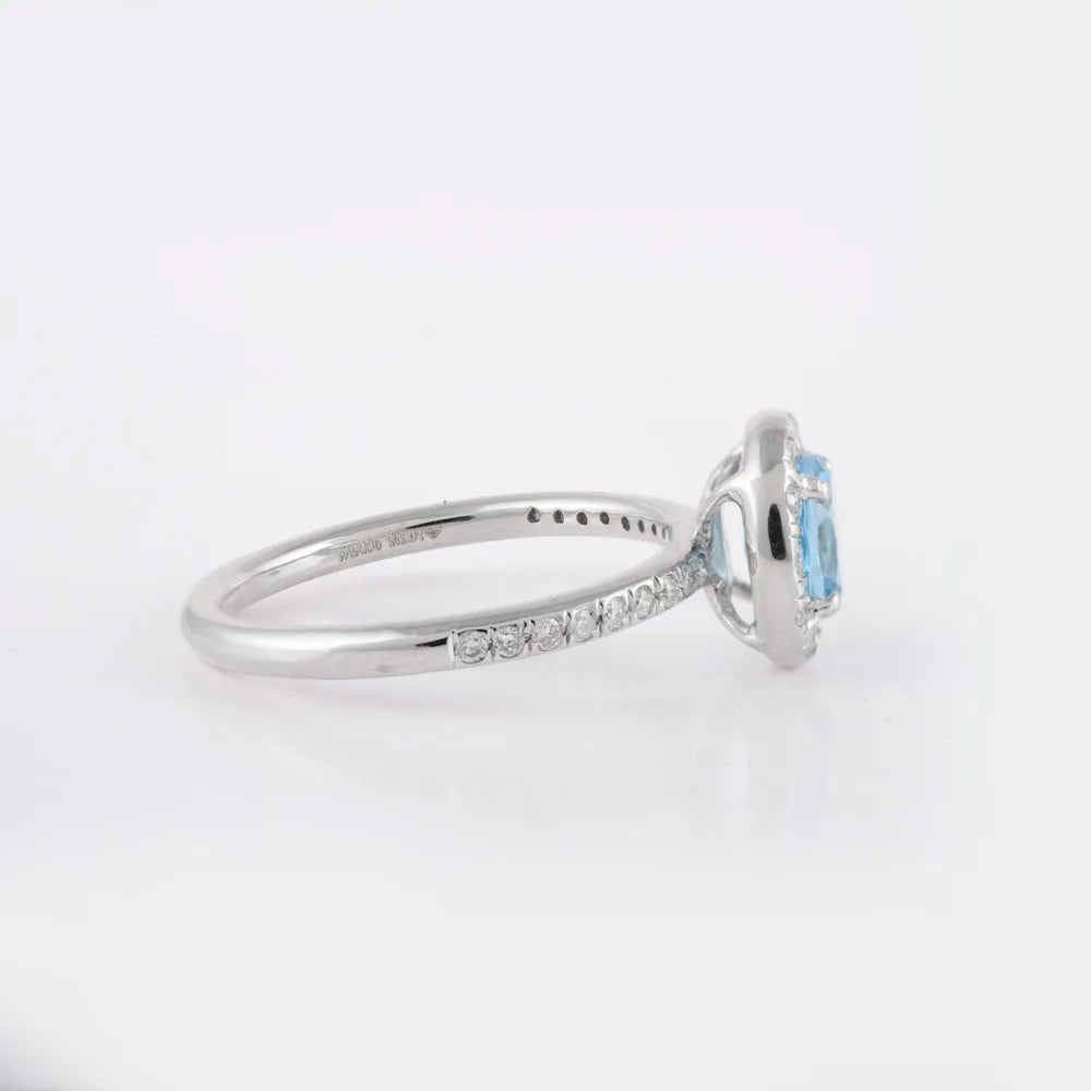 Handcrafted Natural Blue Topaz & Diamond 14K Solid White Gold Statement Ring