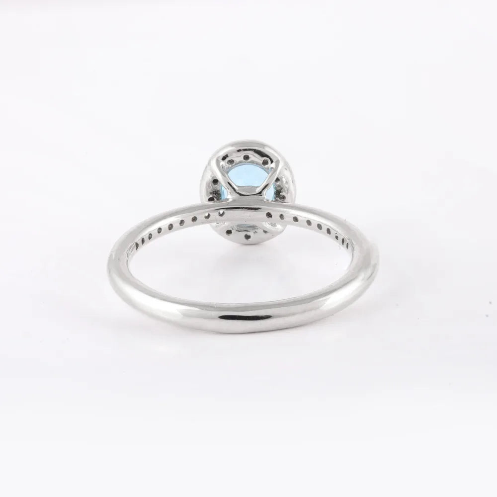 Handcrafted Natural Blue Topaz & Diamond 14K Solid White Gold Statement Ring