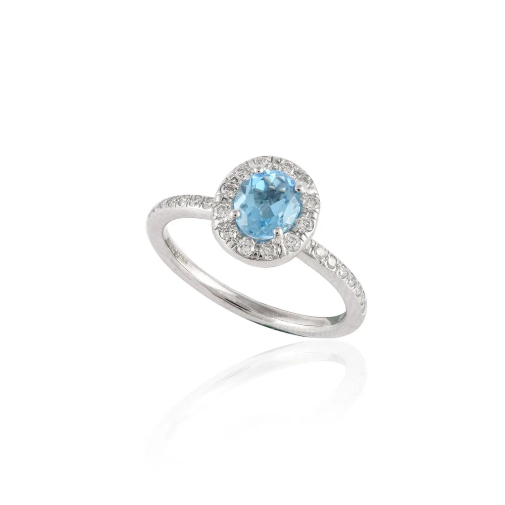 Handcrafted Natural Blue Topaz & Diamond 14K Solid White Gold Statement Ring